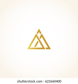 Isolated abstract golden color triangles contour logo on black background, geometric triangular shape logotype, gold luxury decoration vector illustration.