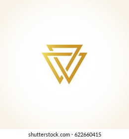 Isolated abstract golden color triangles contour logo on black background, geometric triangular shape logotype, gold luxury decoration vector illustration.