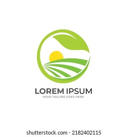 Isolated abstract green color round shape sunny meadow logo, agricultural logotype vector illustration