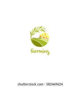 Isolated abstract green color round shape sunny meadow logo, agricultural logotype vector illustration