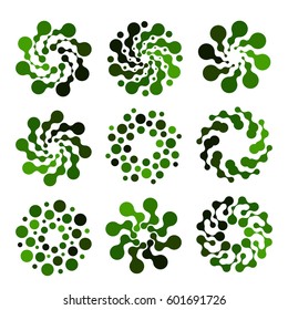 Isolated abstract green color round shape logo set on white background, simple flat dotted swirl logotype collection, flower vector illustration.