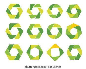 Isolated abstract green hexagon and round logo. Geometric eco logotypes set on white background. Organic products icon. Natural elements sign. Vector circulation illustration