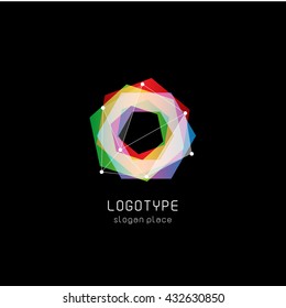 Isolated abstract hexagon vector logo. Colorful sign. Poligonal geometric figure. Transparent overlays. 