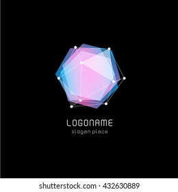 Isolated abstract hexagon vector logo. Pink and blue color sign. Poligonal geometric figure. Transparent overlays. Gemstone image.