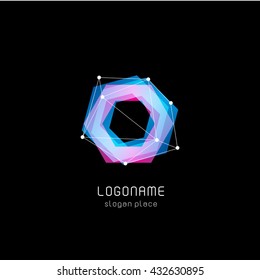 Isolated abstract hexagon vector logo. Blue and pink color sign. Poligonal geometric figure. 