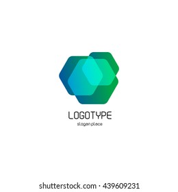 Isolated abstract hexagons overlays vector logo. Polygonal translucent geometric shape figure logotype on the white background, Blue, green,turquoise color illustration.