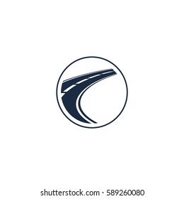 Isolated abstract highway element in circle logo, round shape logotype with road on white background vector illustration