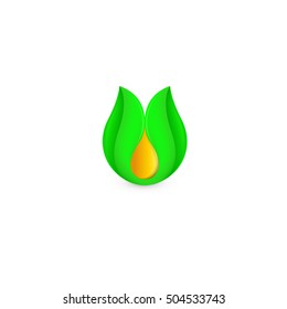 Isolated abstract honey drop in green leaf logo. Natural bee wax logotype. Vector golden organic product icon. Olive or sunflower oil sign. Vector illustration