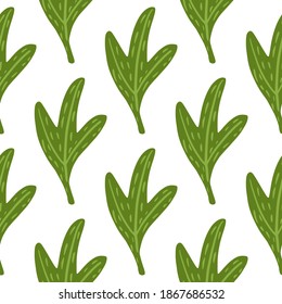 Isolated abstract leaf seamless doodle pattern. Nature print with green bright foliage on white background. Great for fabric design, textile print, wrapping, cover. Vector illustration.