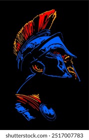 Isolated, abstract, line art, high contrast gladiator illustration.