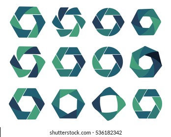 Isolated abstract logo collection. Geometric logotype set on white background. Blue and green hexagons,triangles, rhombus,round shape vector illustrations