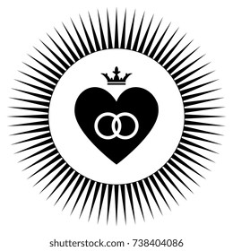 Isolated abstract matrimonial emblem. Wedding rings inside halo of beaming sun rays and crowned heart. Black silhouette on white background.