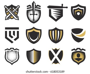 Isolated abstract medieval shields logos set, coat of arms logotypes collection on white background vector illustration.