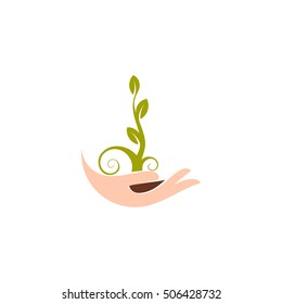 Isolated abstract natural logo. Green color plant in human hands logo. Sprout in palms icon. Gardening sign. Growth and development symbol. Vector nature protection illustration