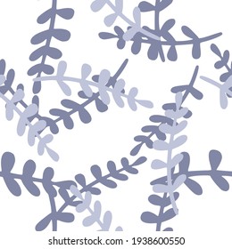 Isolated abstract nature seamless pattern with blue random tropic branches shapes. White background. Decorative backdrop for fabric design, textile print, wrapping, cover. Vector illustration.