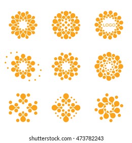 Isolated abstract orange color round shape sun logo set. Dotted summer elements logotypes collection. Floral pattern. Virus icons. Rhombus geometric figure. Vector illustration.