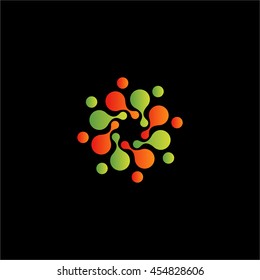 Isolated abstract orange and green color flower vector logo. Round shape spiral decoration on the black background. Molecular structure. Virus image. Medical element. Paint drops.