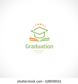 Isolated abstract orange and green color graduate hat logo, stylized mortarboard with open book,educational center logotype on white background.