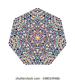 Isolated abstract ornate floral mosaic ornament heptagon symbol - geometric vector element