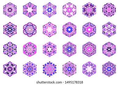 Isolated abstract ornate flower hexagon shape set - ornamental geometric vector graphic elements from curved shapes