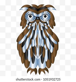 Isolated abstract owl in brown black and silver big eyes and a lot of feathers on a transparent background.
