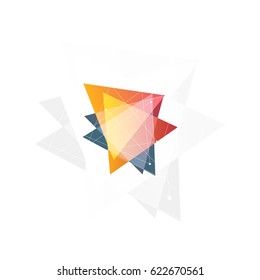 Isolated abstract pink and orange color triangle logo on black background, geometric triangular shape logotype of transparent overlays vector illustration.