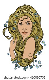  Isolated Abstract portrait of a girl with flowers. Vector illustration, hand drawing.