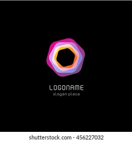 Isolated abstract purple color polygon vector logo. Geometric shape logotype on the black background. Repairman equipment icon. Screw illustration.