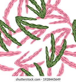 Isolated abstract random seamless pattern with green and pink colored seaweed brnaches shapes. White background. Perfect for fabric design, textile print, wrapping, cover. Vector illustration.
