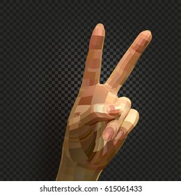 Isolated abstract realistic human hand image on black background, two fingers peace or victory sign vector illustration