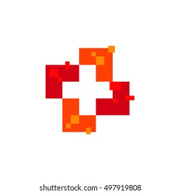 Logo de la cruz de color rojo abstracto aislado. Logotipo médico. Hospital, ambulancia, icono de clínica. mosaico de forma geométrica. Signo religioso. Aritmética más símbolo. Ilustración cruzada del vector