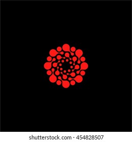 Isolated abstract red color flower vector logo. Round shape sun illustration on the black background. Spiral molecular structure. Virus image. Medical element. Firework sign. Paint drops splash.