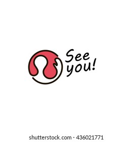 Isolated abstract red color vector round shape logo. Human contour with waving hand logotype. Goodbye sticker.