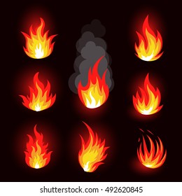 Isolated abstract red and orange color fire flame logo set on black background. Realistic hot campfire logotype collection. Spicy food symbol. Heat icon.  energy sign. Vector  illustration.