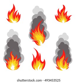 Isolated abstract red and orange color fire flame logo set on white background. Campfire with smoke logotype collection. Spicy food symbol. Heat icon. Hot energy sign. Vector fire illustration.