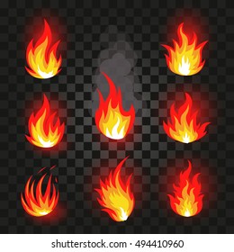 Isolated abstract red and orange color fire flame logo set on black background. Realistic hot campfire logotype collection. Spicy food symbol. Heat icon.  energy sign. Vector  illustration.