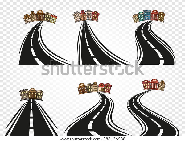Isolated abstract road with dividing marking\
and cityscape icons set on checkered background,highway vector\
illustrations\
collection