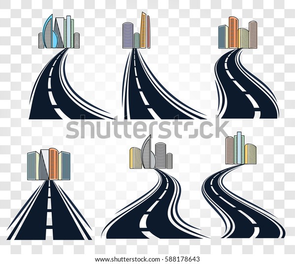 Isolated abstract road with dividing marking\
and cityscape icons set on checkered background,highway vector\
illustrations\
collection