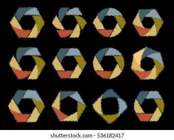 Isolated abstract round and hexagon shape logos collection. Colorful geometric fluffy texture logo set on black background. Photo lens elements vector illustration