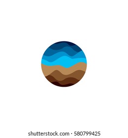 Isolated abstract round shape blue and brown color logo of wavy lines on white background, natural landscape logotype vector illustration