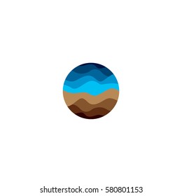 Isolated abstract round shape blue and brown color logo of wavy lines on white background, natural landscape logotype vector illustration