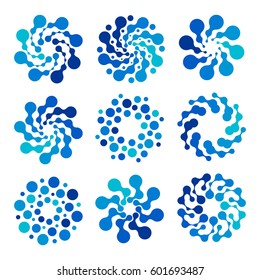 Isolated abstract round shape blue color logo set, dotted logotype collection, water element vector illustration on white background.