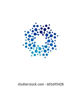 Isolated abstract round shape blue color logo, dotted logotype, water element vector illustration on white background.