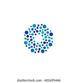 Isolated abstract round shape blue color logo, dotted logotype, water element vector illustration on white background.