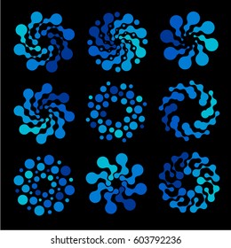 Isolated abstract round shape blue color logo set, dotted logotype collection, water swirl element vector illustration on black background.