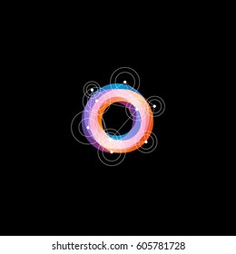 Isolated abstract round shape colorful logo with dots, triangles and circles on black background, geometric logotype vector illustration.