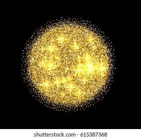 Isolated abstract round shape golden color shiny sun of tinsels image on black background, glowing disco ball, decorative element vector illustration