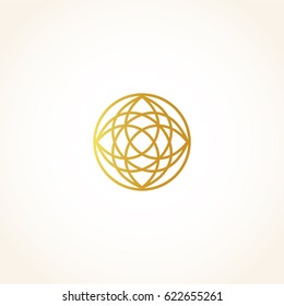 Isolated abstract round shape golden color logo, decorative luxurious gold logotype, floral pattern vector illustration on black background.