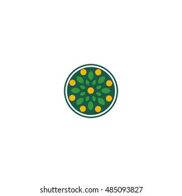 Isolated abstract round shape green color logo. Floral decorative logotype. Leaves with orange fruits sign. Healthy products symbol.