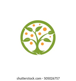 Isolated abstract round shape green, orange color tree logo. Natural element logotype. Leaves and trunk icon. Park or forest sign. Environmental symbol. Vector tree illustration.
